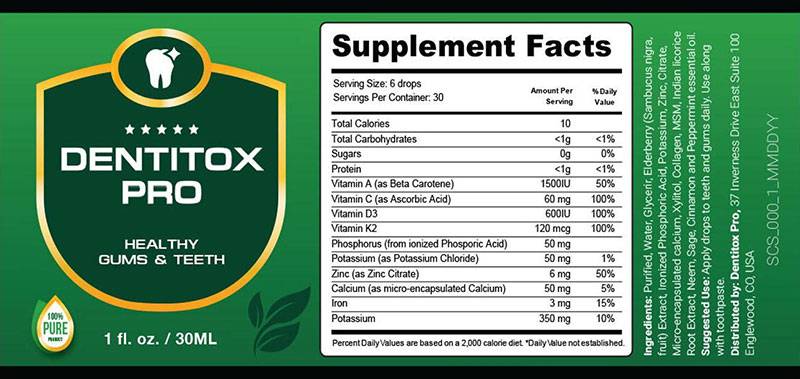 Dentitox Pro Supplement Fact